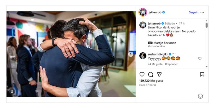 El romántico festejo del jugador argentino Nicolás Keenan tras la histórica elección que convertiría a su pareja Rob Jetten en primer ministro de Países Bajos