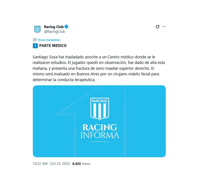 Racing confirmó que Santiago Sosa sufrió una fractura en su rostro tras el brutal codazo que recibió de Marcos Rojo