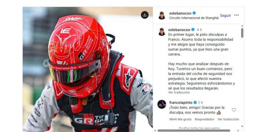 La reacción de Ocon tras chocar a Colapinto en el GP de China de la F1: el intercambio de mensajes en redes