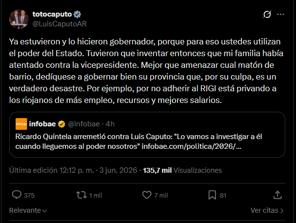 Luis Caputo apuntó contra Quintela tras decir que lo iban a investigar: “Mejor que amenazar, dedíquese a gobernar bien”