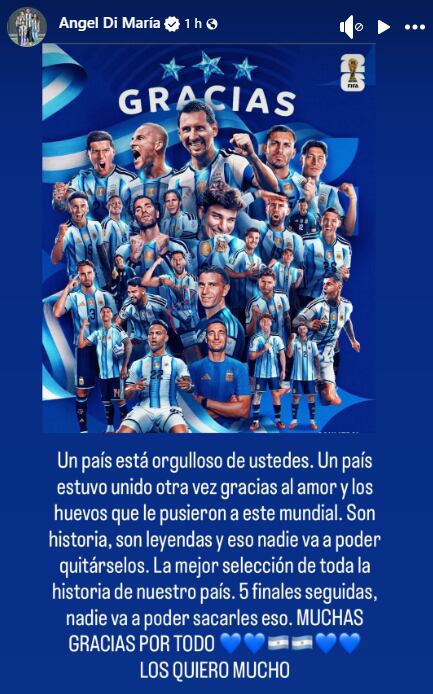 “Un país está orgulloso de ustedes”: la sentida carta de Di María para la Selección tras la derrota ante España en el Mundial