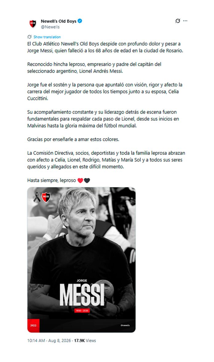 El sentido homenaje de Newell’s a Jorge Messi antes de su partido contra Defensa y Justicia