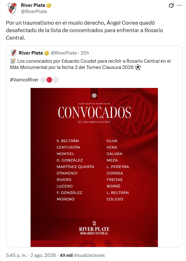 River Plate busca su primera victoria en el Torneo Clausura ante Rosario Central: formaciones confirmadas