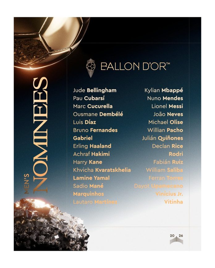 Dieron a conocer a los 30 nominados para el Balón de Oro 2026: la lista de con todos los candidatos