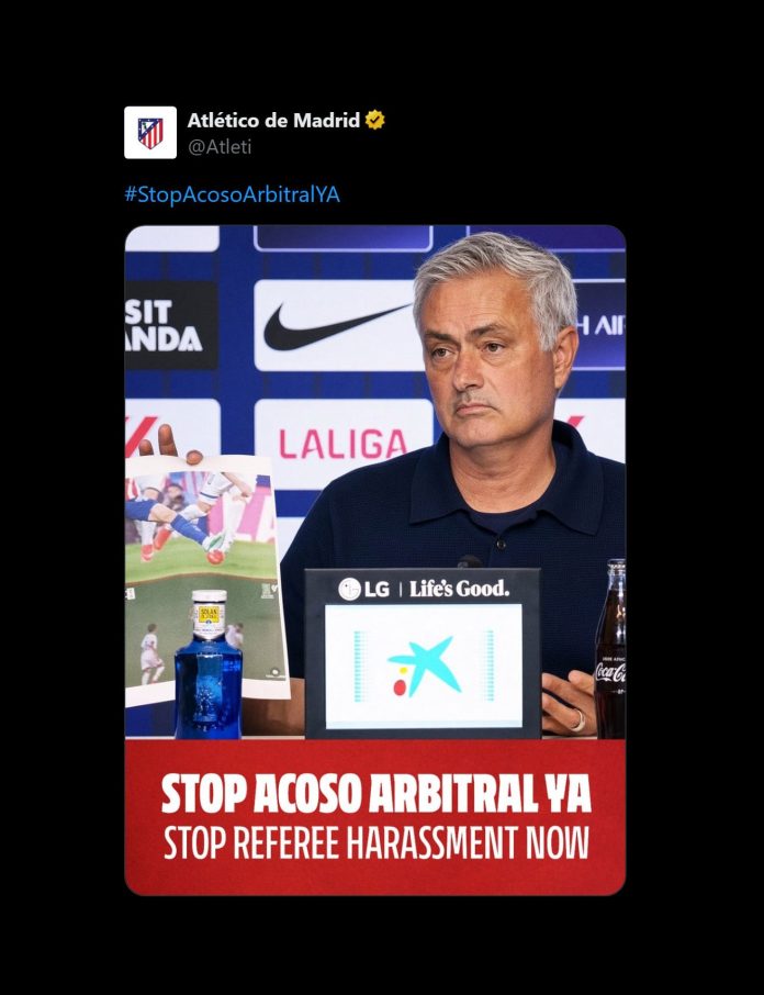 La burla del Atlético de Madrid a Mourinho tras su reclamo contra el arbitraje en la derrota del Real Madrid en el derbi