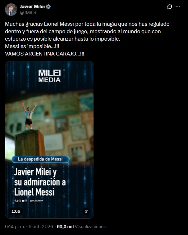 El video que compartió Javier Milei por la despedida de Lionel Messi de la selección argentina