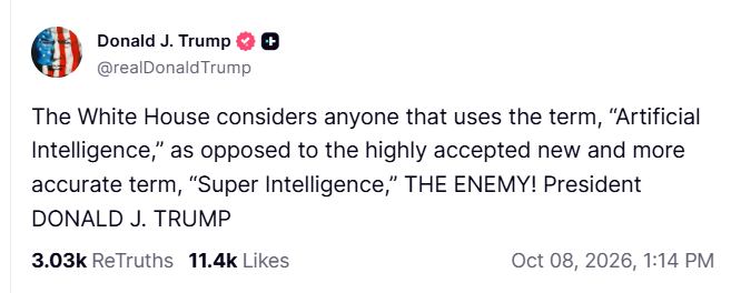 Trump redobla la apuesta, y considerará “enemigo” a quien no diga “superinteligencia” en vez de IA